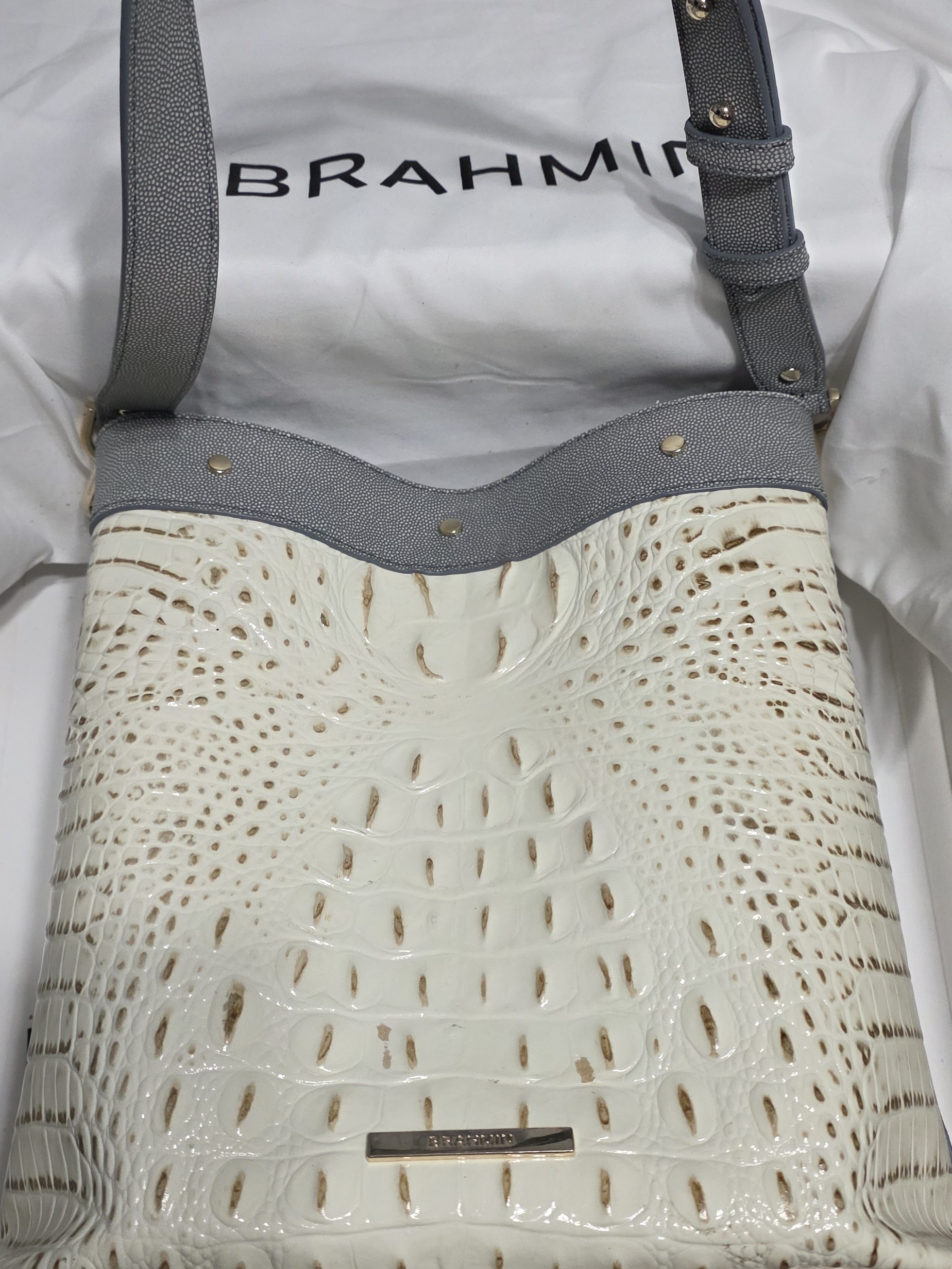 Brahmin Cream Croc-Embossed Shoulder Bag With Gray Trim